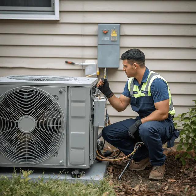technician performing diagnostics and repair on an air conditioning system
